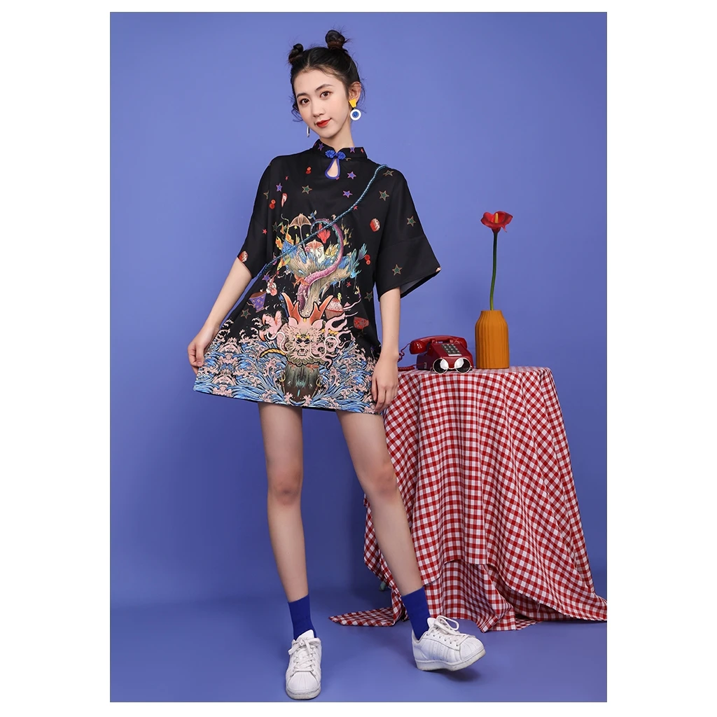 

2020 Summer New Spot Real Shot Chinese Style Improved Cheongsam Daily Loose Young and Cute Girls Short Dress Women's Clothes