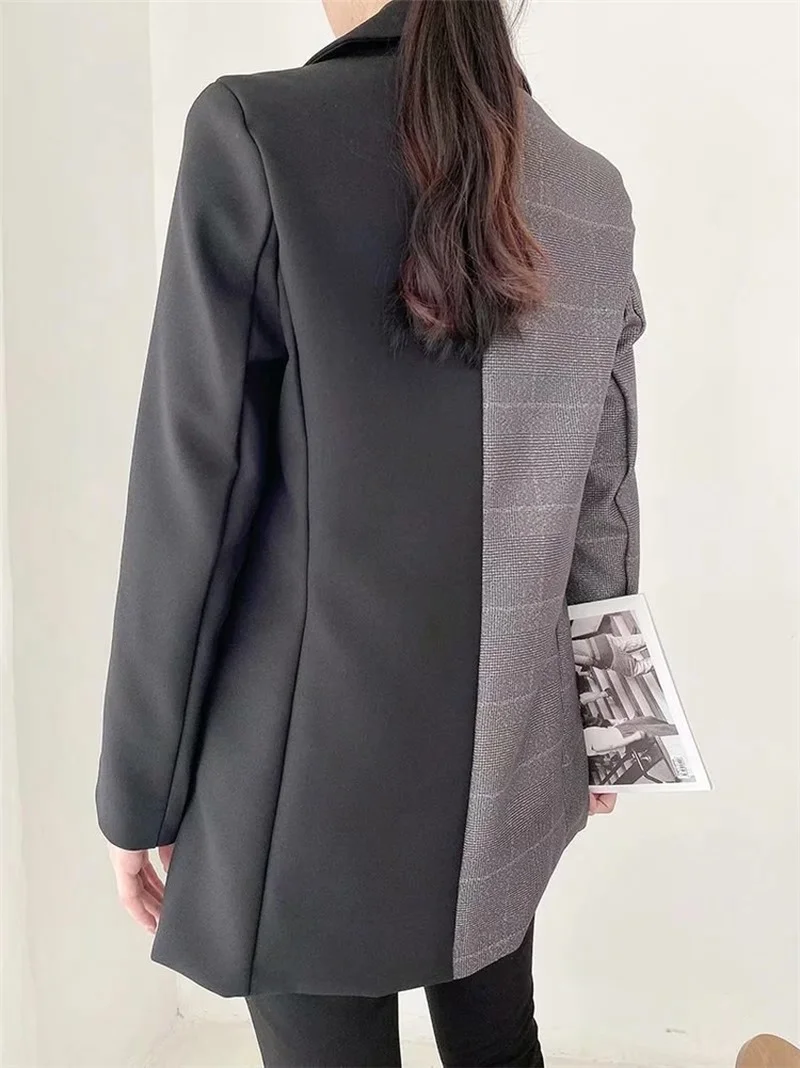 2023 Women Double Breasted Mid-Length Patchwork Casual Office Blazer Suit Commute Formal Clothing Classic Contrast Colors Blazer
