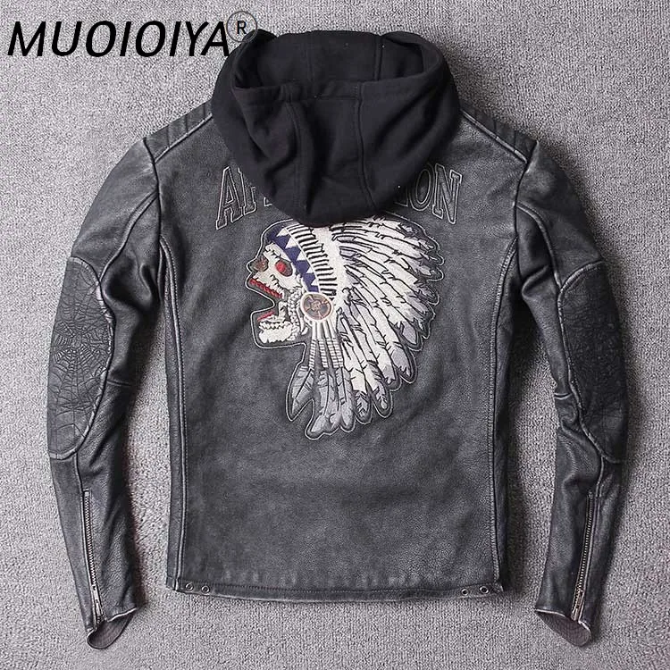 

2021 Men Vintage Gray Motorcycle Genuine Leather Jacket 3D Indian Embroidery Thick Cowhide Slim Fit Biker Leatehr Jackets