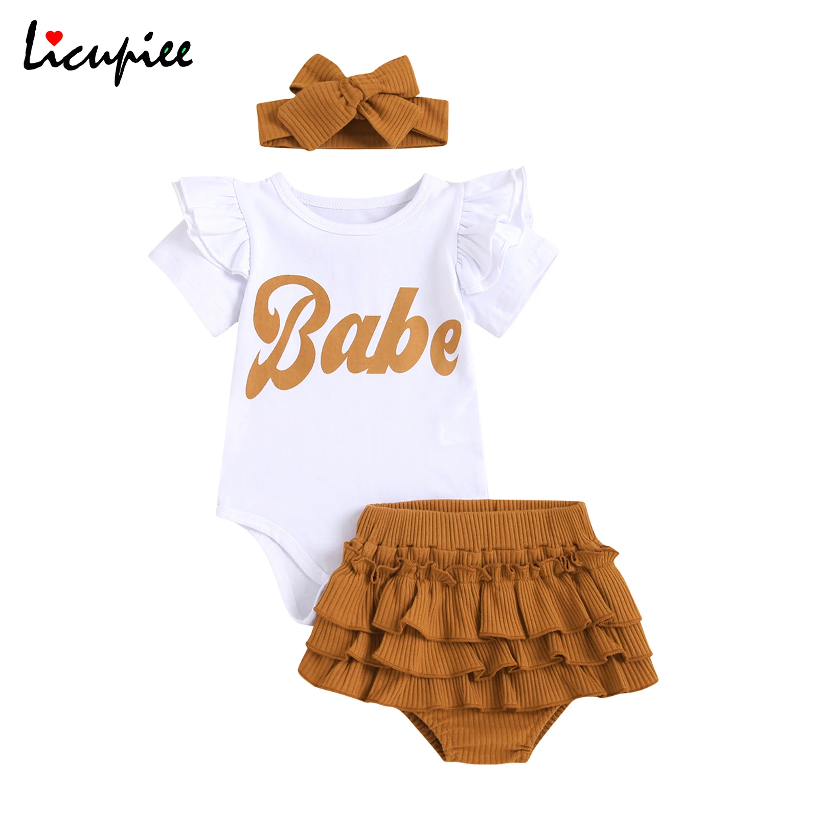 

Комплект одежды для маленьких девочек от 0 до 12 месяцев, комбинезон с круглым вырезом и буквенным принтом + однотонные шорты + повязка на голо...