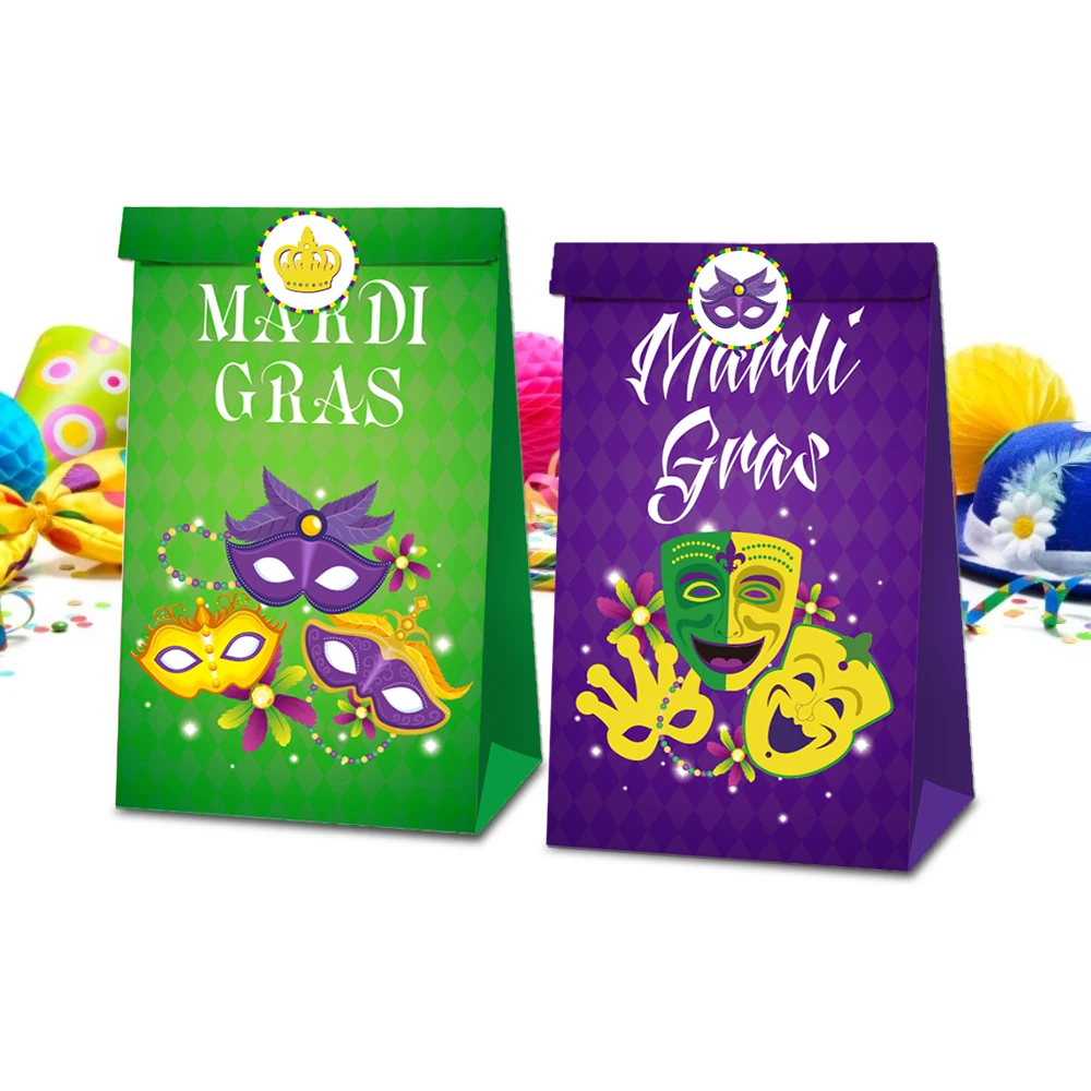 

Happy Mardi Gras Cool Mask Gifts Candy Bags with Crown Masks Stickers Party Decorations Thank You Paper Gifts Bags