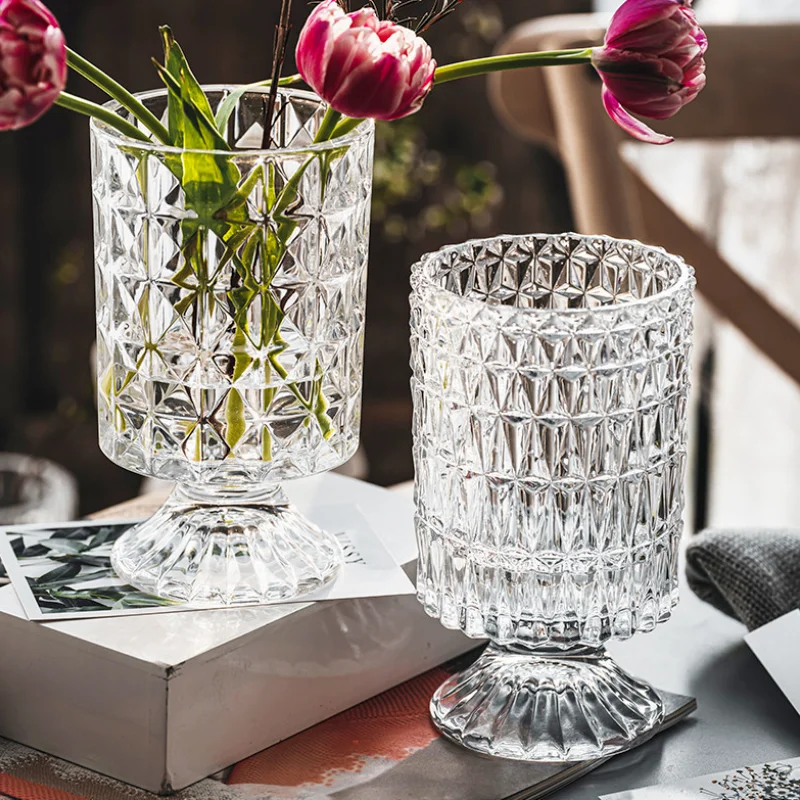 

Nordic Retro Style Crystal Glass Vase High-foot Hydroponic Flower Arrangement Floral Vase Living Room Decor Transparent Vases