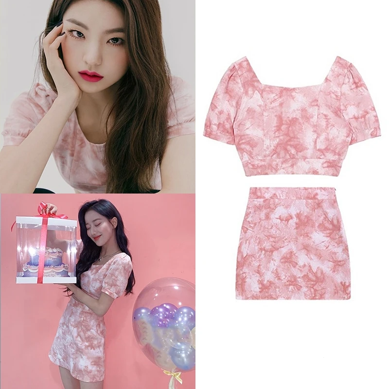 

Kpop Girl Group Temperament New Pink Tie Dye Short Sleeve Pullover T-shirts Tops+Sexy Slim A-line Mini Skirt Women Two-Piece Set