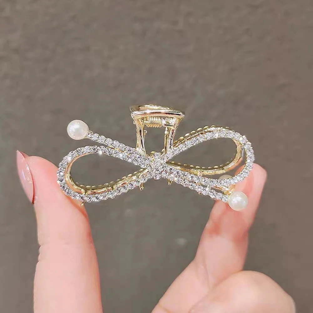 

Mini Elegant Rhinestone Crystal Women Pearl Hair Claw Bow Ponytail Holder Hair Crab Clip