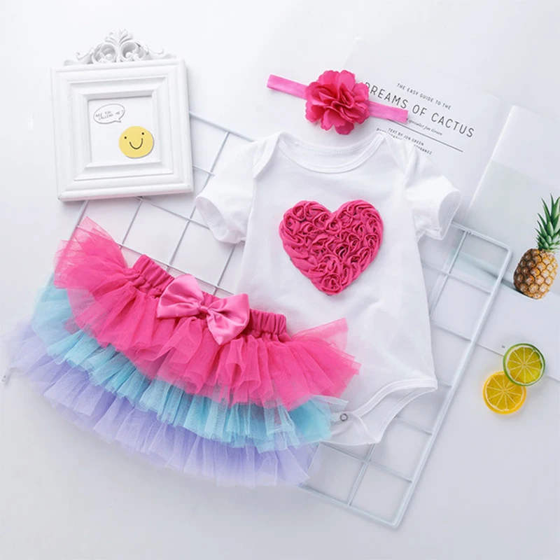 

Newborn Baby Kids Girls Clothes 3 PCS Sets Cotton Short Romper+ Ball Gown Mesh Dress+Headband First 1st Birthday Outfits Set