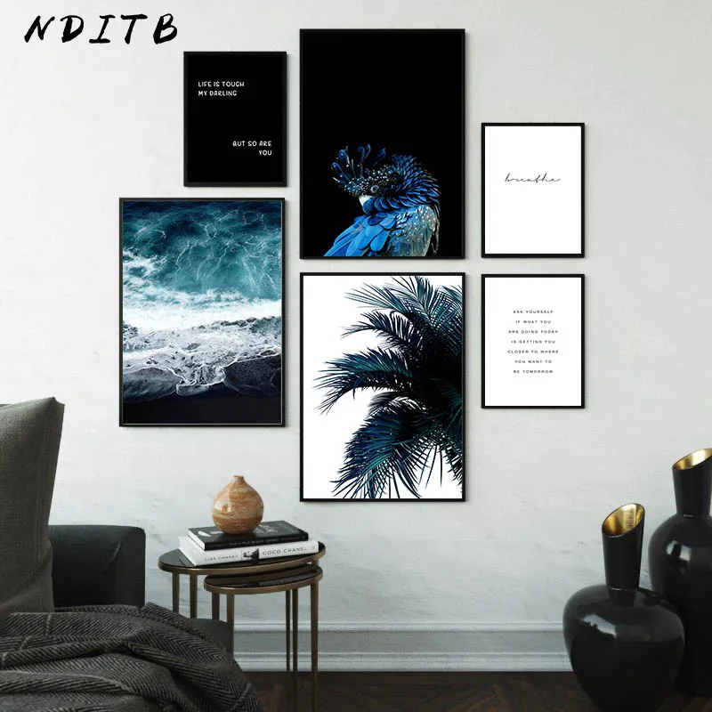 Синяя Скандинавская картина с листьями какаду настенный художественный плакат и