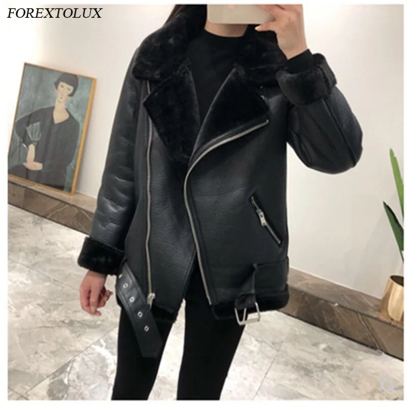 Женская Шуба из искусственной кожи с вельветовой подкладкой ремнем-авиатором