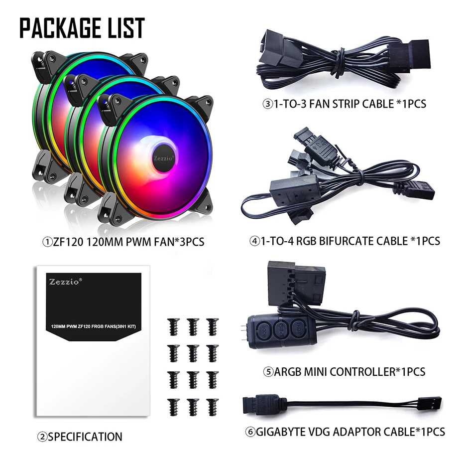 

ZEZZIO ZF-120 3in1 Halo 5V addressable ARGB 120MM Computer Case Cooling Fan PWM silence PC CPU cooler fan