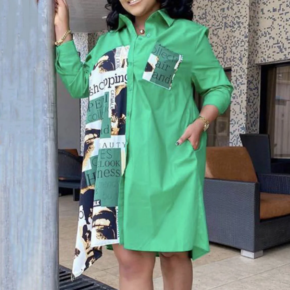 

Casual Plus Size Dress Spring The New Trendy Popular Loose Thin Slimming Hot Sale Retro Printing POLO Collar Long Sleeve