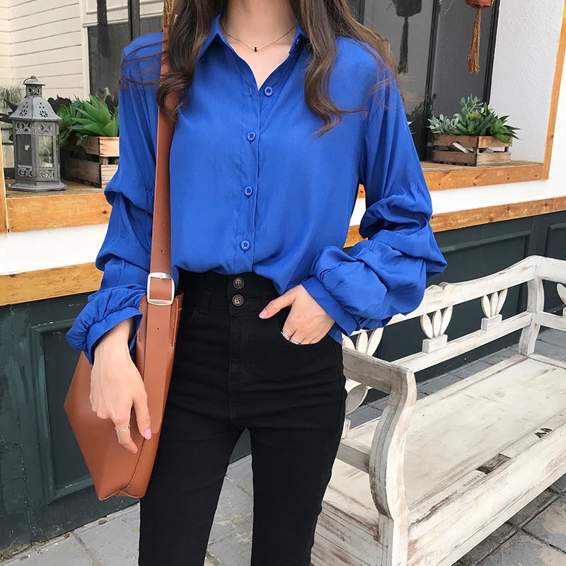 

Houthion Women's Blouses Chiffon Shirt Solid Long Sleeve Top Summer Fashion Casual New Korean Retro Blouse Breasted Tops