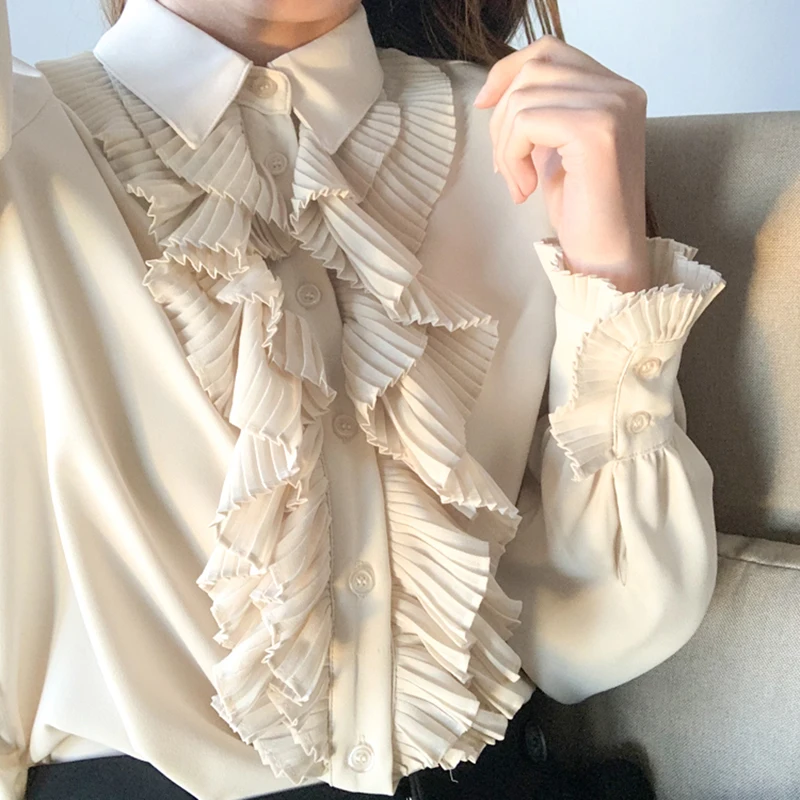 

Ruffles Fashion Elegant Shirt Women Korean Puff Sleeve Chiffon Blouse 2021 New Arrival Tops