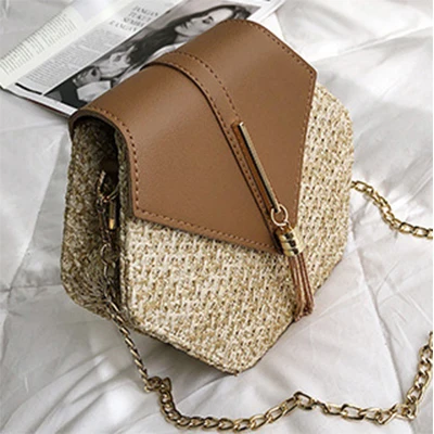 brown Новые соломенные сумки для женщин pu кожаная сумка шестиугольник MulitStyle летняя плетеная пляжная богемная плетеная Сумка bolso mimbre - Цвет: brown
