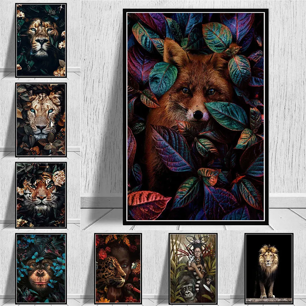 

Animal In Flowers Prints Canvas Painting Wall Art Lion Poster Tiger Elephant Elk Orangutan Picture Modern Room Decorative Gitfs