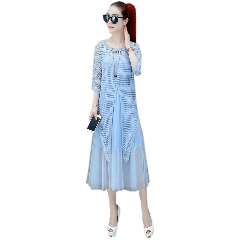 

Women Spring Summer Style Mesh Chiffon A-Line Dresses Lady Casual Half Sleeve O-Neck A-Line Dress Vestidos SS482