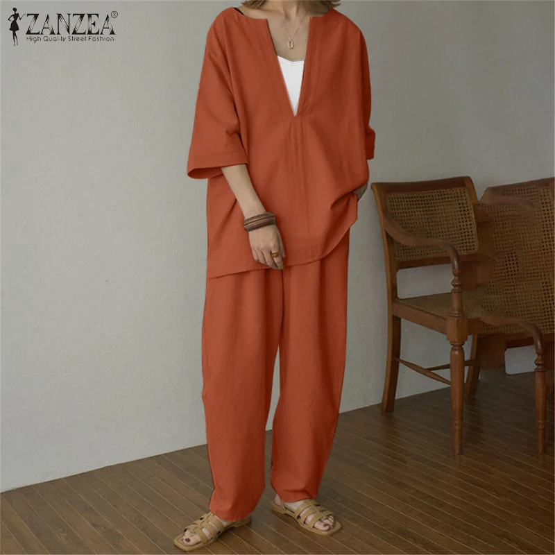 

ZANZEA Bohemian Solid Long Sleeve V-Neck Blouse Autumn Fashion Street Pant Set Woman Elegant 2PCS Elastic Waist Pantalon Suit