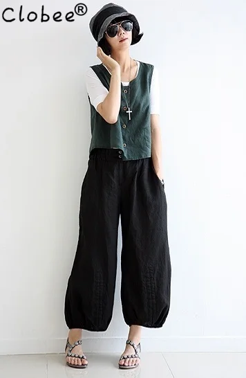2020 Женские повседневные шаровары из хлопка и льна штаны с высокой талией широкие