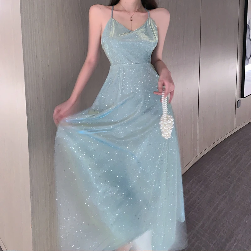 

Ins Glittering Lovely Sweet Celebrity Cross Sexy Backless Suspender Pure And Lustful Dress Sequin Thin New Year Dress