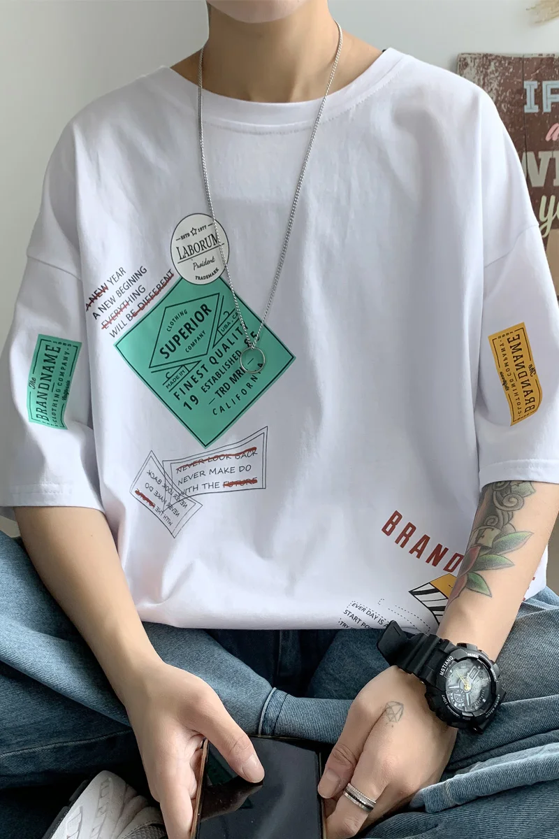 

Men's Fashion Brand Summer New Trendy Ins Hip Hop Loose Super Popular Half-Length Sleeve Versatile Printed Clothes