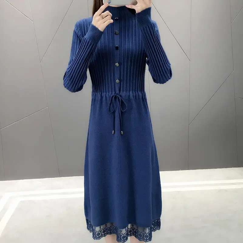 

Long-Sleeve Dress New Spring and Autumn Korean Version Was Thin Bottoming Knit Dress Women's Mid-Length