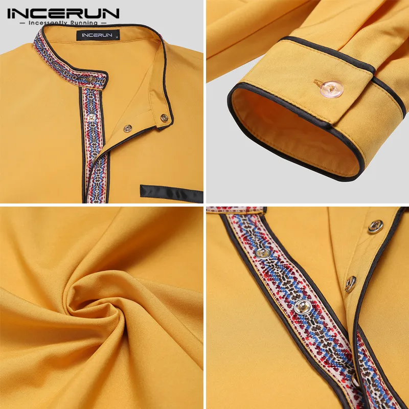 

INCERUN Muslim Men Jubba Thobe Islamic Arab Kaftan Patchwork Stand Collar Long Sleeve Robes Dubai Middle East Men Clothes S-5XL