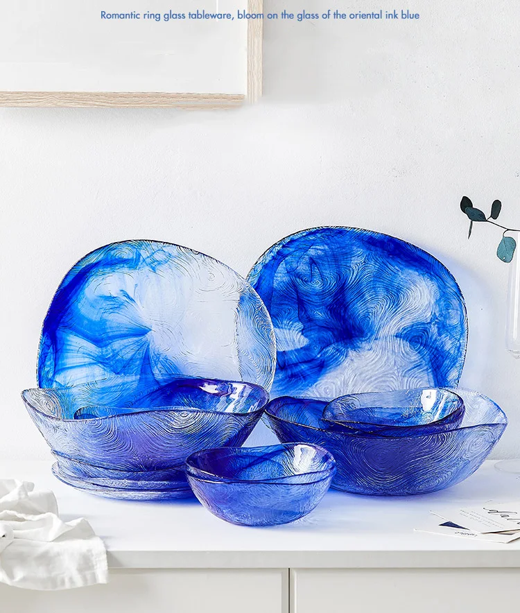 

Nordic INS Glass Dinnerware Set Creative Wave Bowl Plate Dishes Combination Four People Tableware