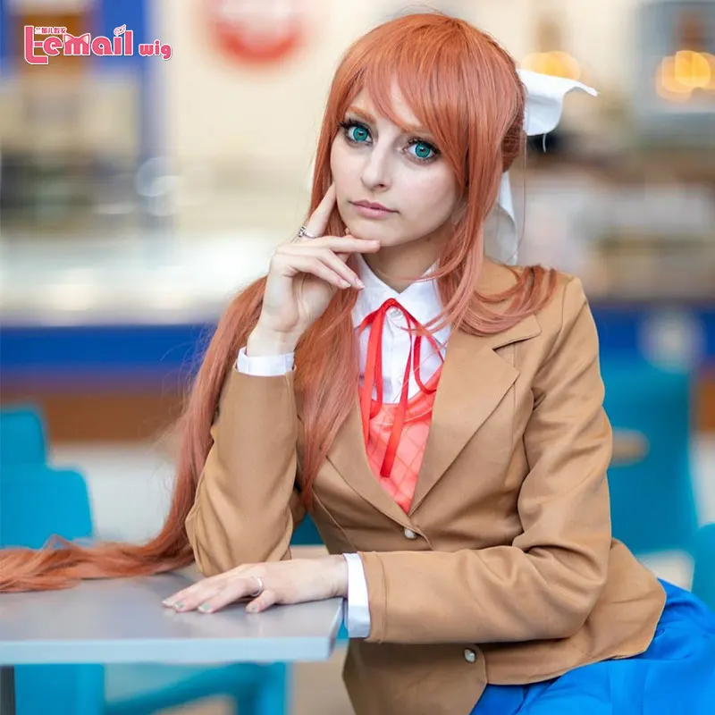 L-email парик Doki Literature Club Monika Косплей парики DDLC Длинный розовый конский хвост косплей парик термостойкие синтетические волосы