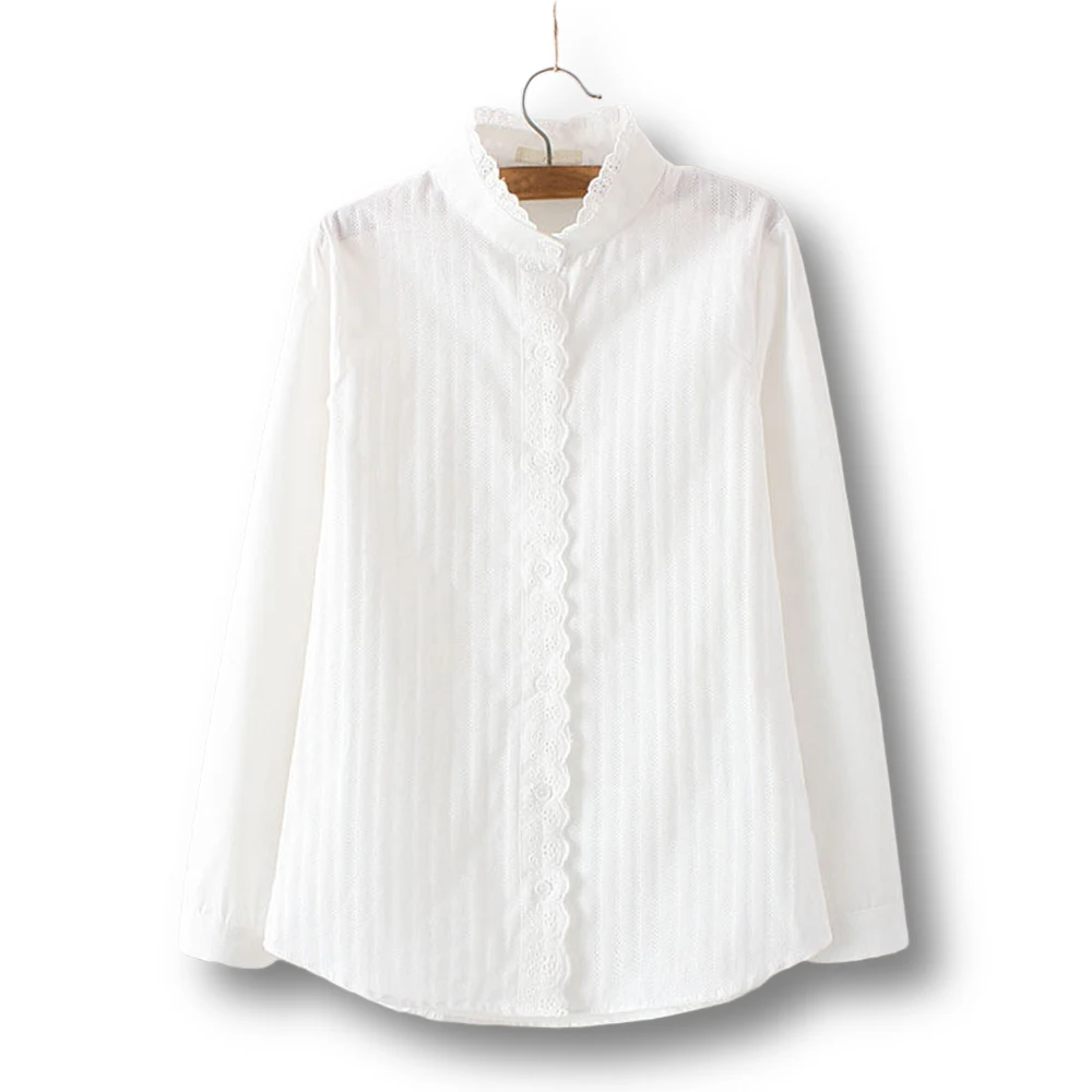 

Women Lace White Shirts Summer Spring Long-sleeve Ruffle 100% Cotton Slim Soft Blouse Tops 0.15 Kg