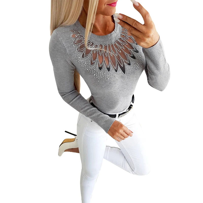 

2021 New Women Rhinestones Mesh Patchwork Tshirt Tops Spring Sexy Long Sleeve Female Tee Shirt Solid Round Collar T-Shirt