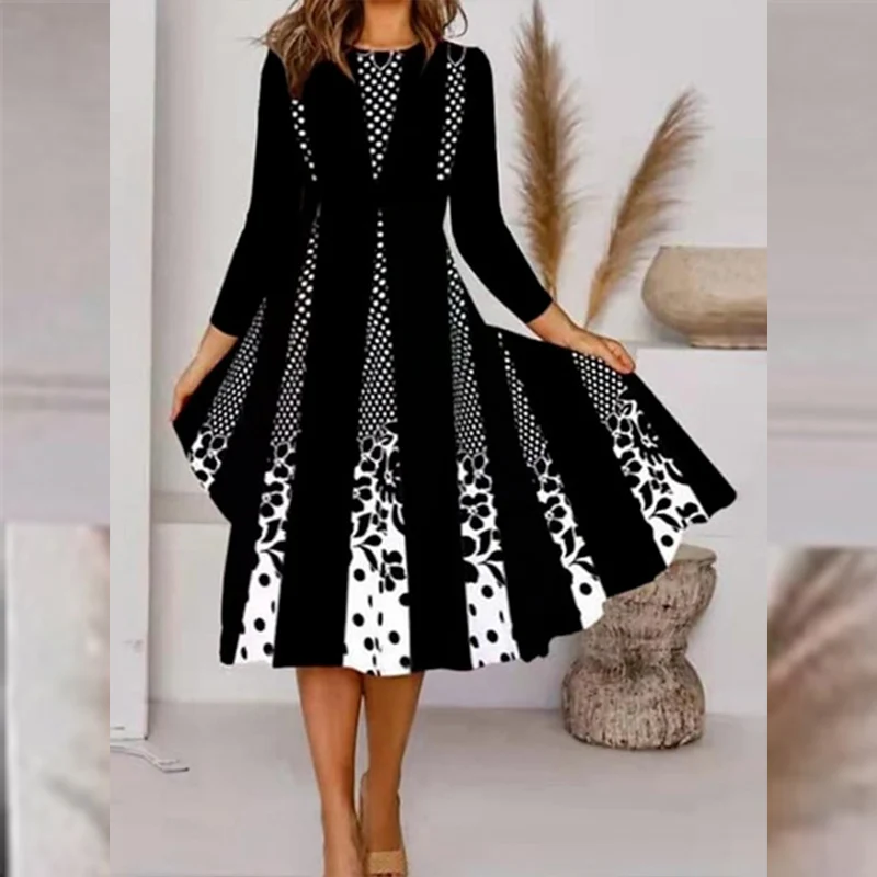 

Autumn Long Sleeve Ruffle Dress Women Retro Polka Dot Leopard Print Chic Dresses Lady Spring Casual O Neck Patchwork Party Dress