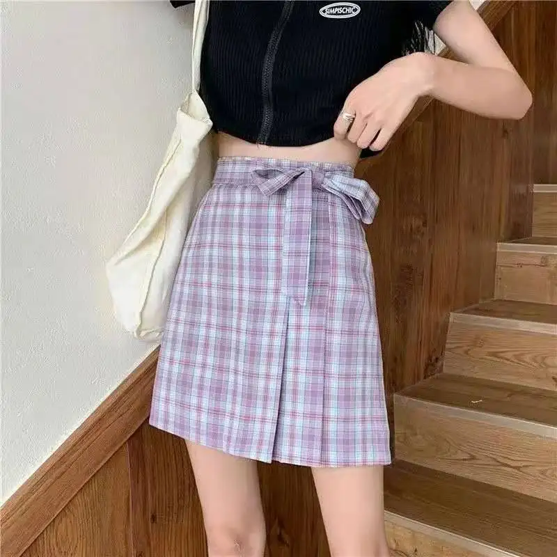 

Women Summer Bow Tie Tie Purple Plaid Skirt 2021 New High Waist Buttock A-line Skirt Miniskirt Pleated Plaid Skirt Student Skirt