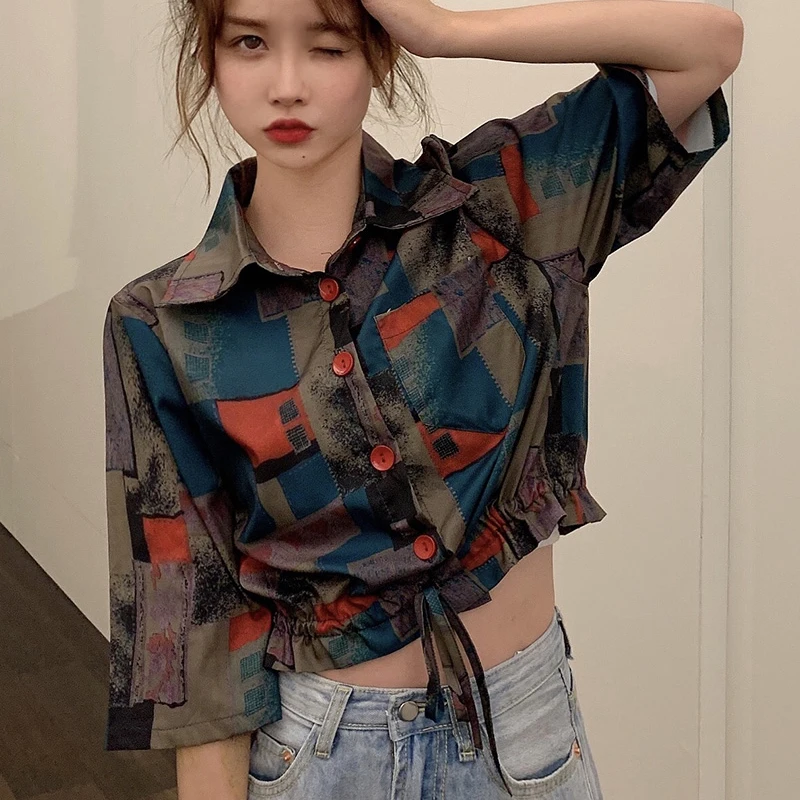 

Zoki Plus Size Women Shirts Summer Short Sleeve Vintage Print Loose Crop To Casual Korean Turn Down Collar Female Blouse 2021