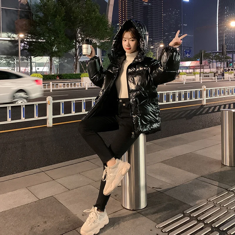 

2020 Autumn Women's Winter Coats Fashion Glossy Hooded Parkas Winter Jacket Women Shinny Padded Cotton Coat Plus Size