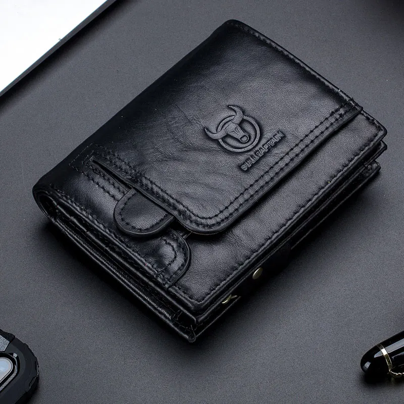 Black BULLCAPTAIN мужской кожаный кошелек, кожаный кошелек для монет, RFID-сканирования кожаный бумажник держатель для карт мужской модный бумажник - Цвет: Black