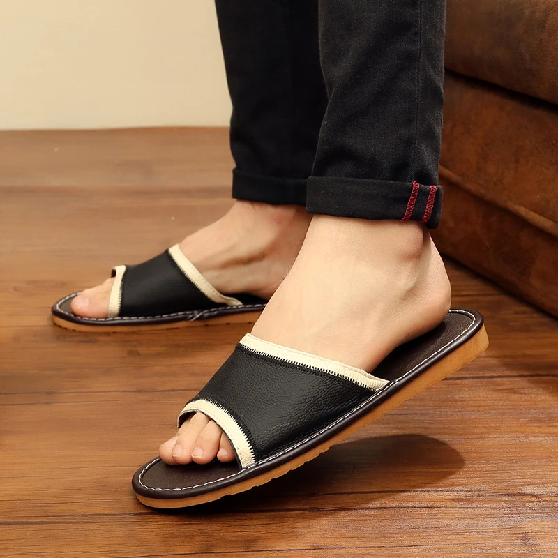 

Women's Summer Home Slippers Soft Genuine Leather Couple's Indoor Shoes Solid Anti-Skip Men's Slipper