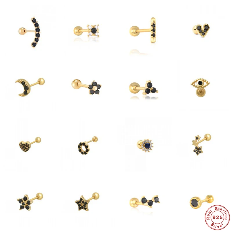 

Aide 925 Стерлинговое Серебро Черный CZ кристалл серьги-гвоздики для женщин в виде звезды луны сердца цветка Форма ухо шпильки вечерние ювелирн...