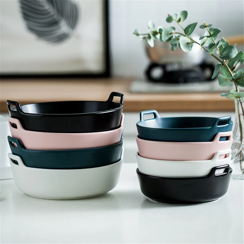 

Binaural Baking Dish Round Ceramic Dinner Plates Baking Cake Pans Cheese Baking Dish Tray Dishes Microwave Oven Plate Tableware