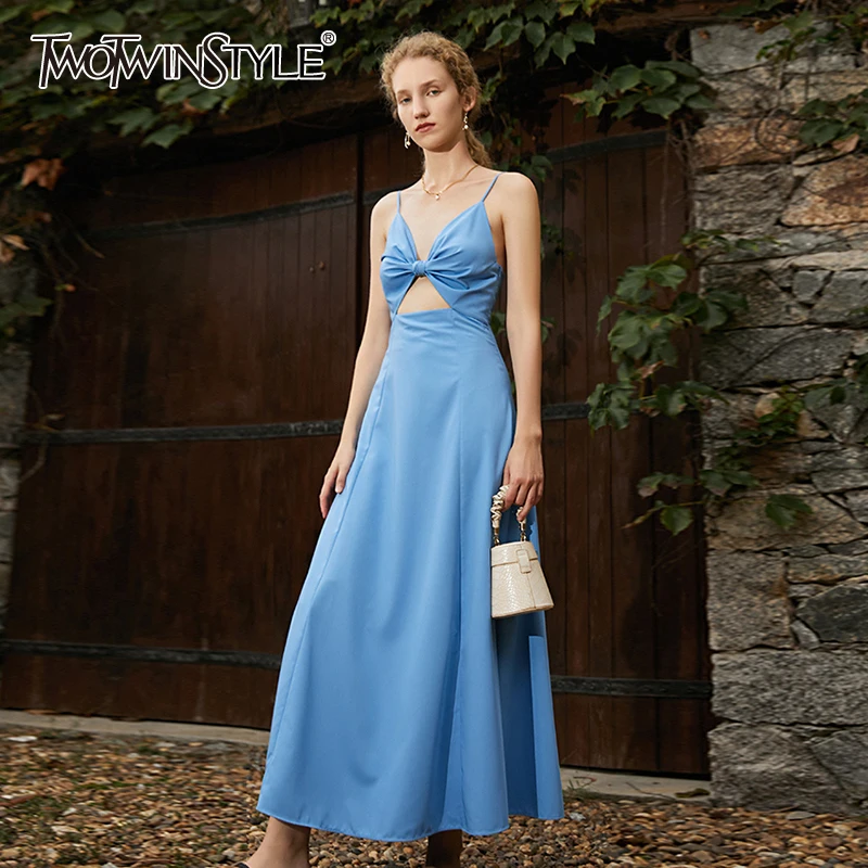 

TWOTWINSTYLE Blue Cut Out Sexy Cami Dresses For Female V Neck Sleeveless High Waist Maxi Summer Women's Dress 2021 Fashion Style