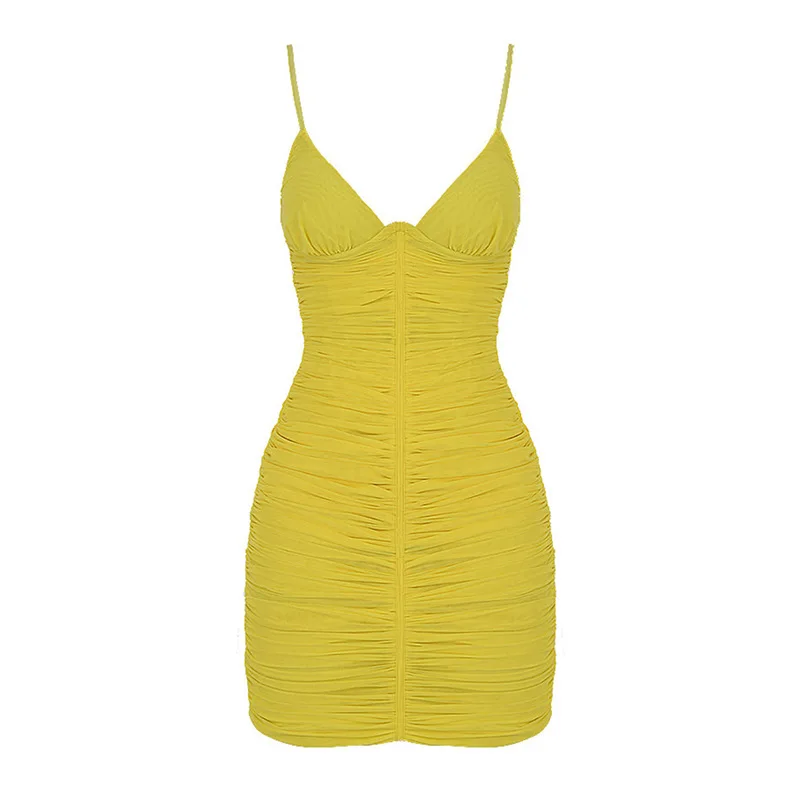 

2021 Lady Fashion New Sexy Dress Women Mini Dress Folds Tight-fitting Spaghetti Yellow Dress Girls Elegant Party Dress Summer