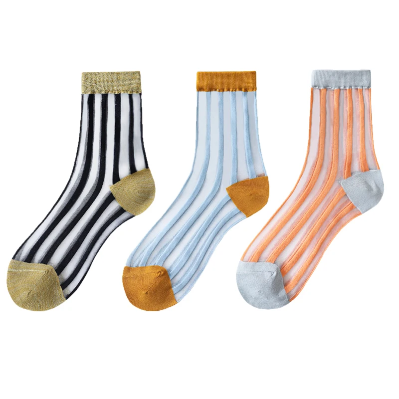 

3 Pairs/Lot Socks For Women Striped Long Socks Thin Transparent Korean Style Color Fashion Girl Summer Women's Socks For Girls