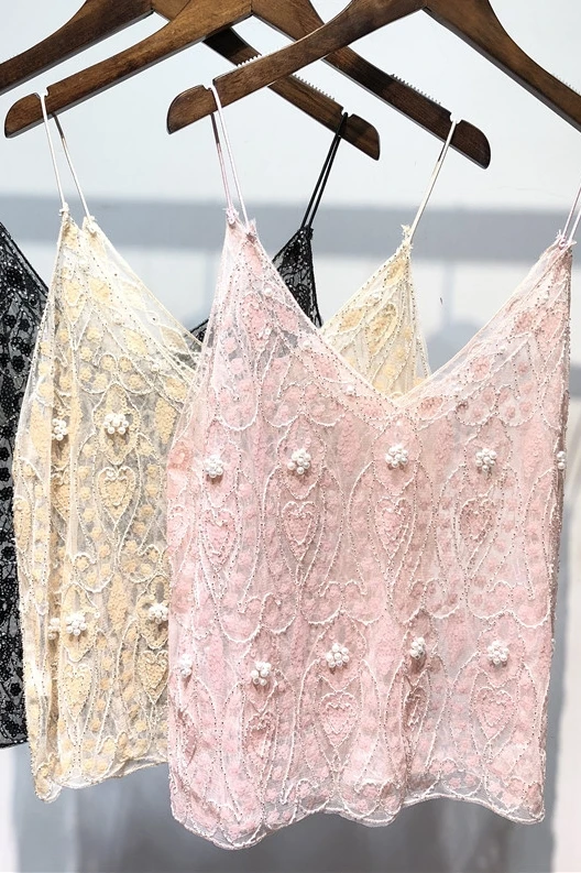 

Sexy Women's V-Neck Pearls Thin Straps Sequin Vest Slim Flowers Embroidery Lace Hook V-neck Camis Gauze Spliced Beaded Tank Tops