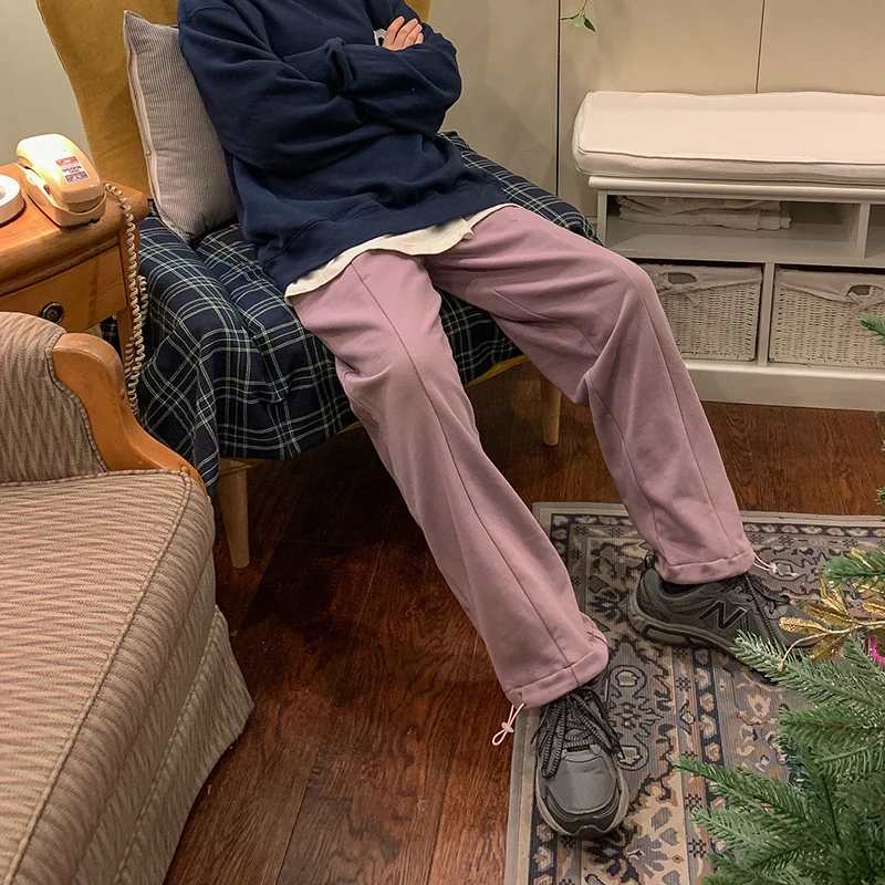 Розовые женские летние свободные прямые брюки с широкими штанинами на весну и