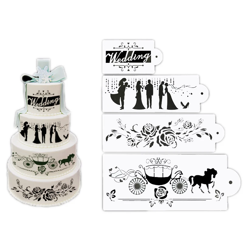 

4Pcs Coffee Spray Stencil Mold Set Wedding Cake Stencil Fondant Cake Mould Decorating Bakery Tools DIY Printing Spray Template