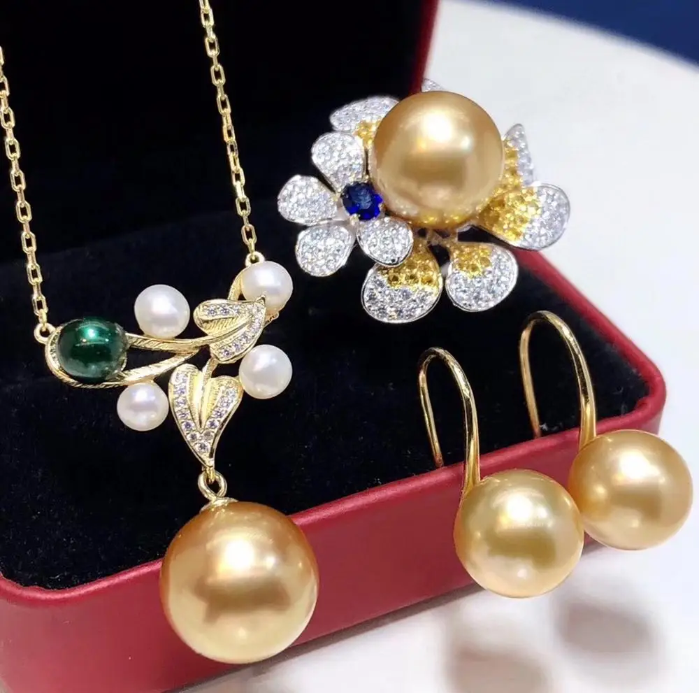 D304 Pearl Sets 925 Sterling Silver 9-12mm Natural Fresh Water Golden Pearls Female's Jewelry for Women FIne | Украшения и
