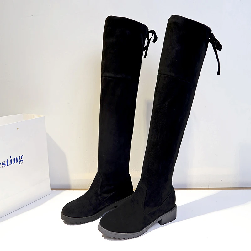 

Black Women Boots Autumn Winter Over The Knee Flat Boots Quality Suede Long Comfort Square Botines Mujer Thigh High Boots