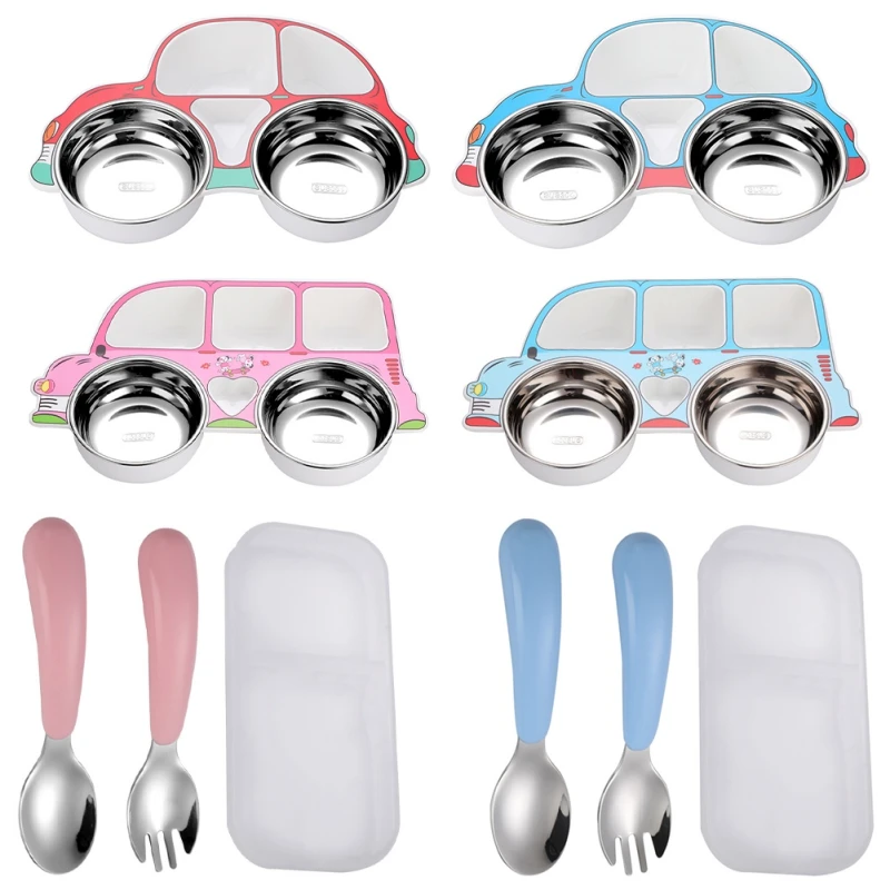 

Children Tableware Set Stainless Steel Dishes Baby Feeding Plate Spoon Fork Cute Cartoon Car Bowl