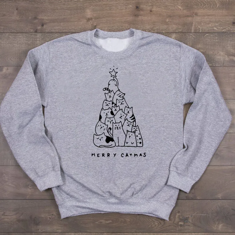 Женский свитшот с принтом Merry Catmas милый праздничный джемпер кошками и надписью Meow
