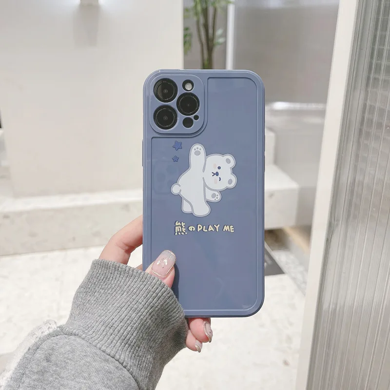 

Cute Cartoon Bear Print Frame Phone Case For iPhone 12 Pro 11Pro Max X XS XR 7 8 Plus 12mini Retro blue Soft Silicone Cover Capa