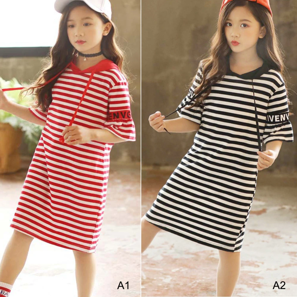 Children Girls Clothes Kids T-shirt Dress Striped Short Sleeve Hooded For Cotton Clothing Cute Outfits 4-8Y | Детская одежда и