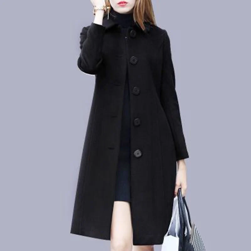

2021 Fashion British Solid Button Woolen Coat Women Plus Size Long Sleeve Coats Woman Elegant