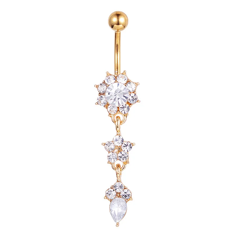 1PCs Sexy Belly Bars Belly Button Rings Belly Piercing Crystal Flower Body Jewelry Navel Piercing Rings Golden Body Accessories - Окраска металла: gold